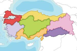 Vector illustrated blank map of Turkey with regions and geographical divisions, and neighbouring countries. Editable and clearly labeled layers.