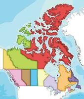 Vector illustrated blank map of Canada with provinces and territories and administrative divisions, and neighbouring countries and territories. Editable and clearly labeled layers.