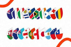 Flags of participant in international rugby tournament, all flags icon in rugby style. vector