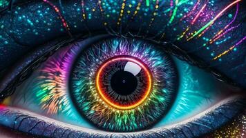 ai generativ, Fantasie bunt Mensch Auge mit Neon- Kunst video