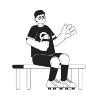 Asian man sitting and holding water monochromatic flat vector character. Football player in uniform. Editable thin line full body person on white. Simple bw cartoon spot image for web graphic design