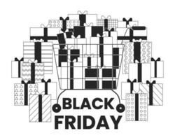 Pile of gifts on black friday black and white 2D illustration concept. Full shopping cart with presents cartoon outline object isolated on white. E-commerce buy metaphor monochrome vector art