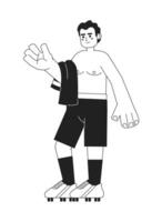 Latin sportsman without shirt monochromatic flat vector character. Man in football boots. Relaxing. Editable thin line full body person on white. Simple bw cartoon spot image for web graphic design