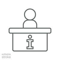 Stand desk information icon, counter, reception, trade, service, outline style. Reception desk, info support  service. Editable stroke pictogram.Vector illustration. Design on white background. EPS 10 vector