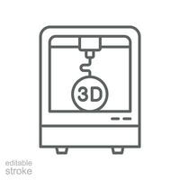 3d printing icon, Three print, printer, manufacturing New Product Development, future technology symbol. Modern outline style. editable stroke vector illustration design on white background. EPS 10