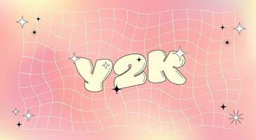 Retro y2k card with word, sparkles and bling on a vivid gradient mesh background with distorted grid. vector