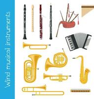 Vector illustration set of wind musical instruments in cartoon style isolated on white background