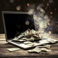 A man working laptop With a Hand dollar with many stacks of money photo
