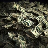 A man working laptop With a Hand dollar with many stacks of money photo