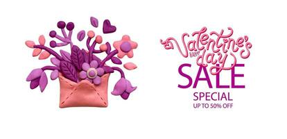 Set various flowers, leaves, herbs in a plasticine envelope. Pink and lilac plasticine clay 3D illustration isolated on white background, cute dough shape. St. Valentine's Day sale vector