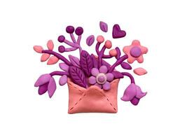 Set various flowers, leaves, herbs in a plasticine envelope. Pink and lilac plasticine clay 3D illustration isolated on white background, cute dough shape. vector