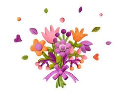 Bouquet of various flowers, plasticine leaves. Plasticine clay 3D illustration isolated on white background, cute dough shape. vector