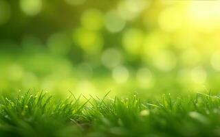 Green grass with bokeh defocused lights abstract background. Nature concept. AI Generative photo