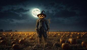 Halloween pumpkin scarecrow on a wide field with the moon. AI Generative. photo