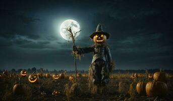 Halloween pumpkin scarecrow on a wide field with the moon. AI Generative. photo