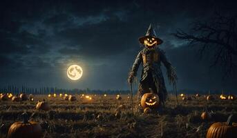 Halloween pumpkin scarecrow on a wide field with the moon. AI Generative. photo