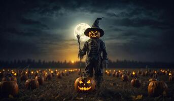 Halloween pumpkin scarecrow on a wide field with the moon. AI Generative. photo