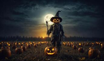 Halloween pumpkin scarecrow on a wide field with the moon. AI Generative. photo