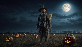 Halloween pumpkin scarecrow on a wide field with the moon. AI Generative. photo