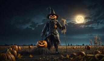 Halloween pumpkin scarecrow on a wide field with the moon. AI Generative. photo