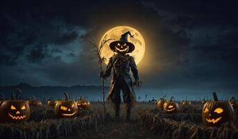 Halloween pumpkin scarecrow on a wide field with the moon. AI Generative. photo