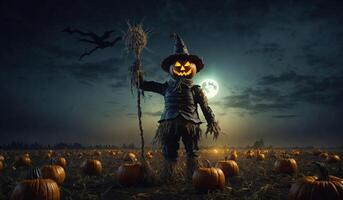 Halloween pumpkin scarecrow on a wide field with the moon. AI Generative. photo