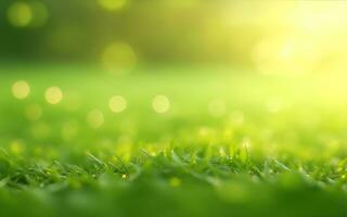 Green grass with bokeh defocused lights abstract background. Nature concept. AI Generative photo