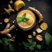 lemon and ginger smoothie in a glas from a top view photo