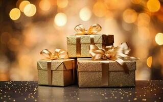 Golden gift boxes with ribbon bow tag over blurred bokeh background with lights. Christmas decor. Blinking Holiday Background. Copy space. AI Generative photo