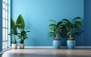 The indoor potted plants decoration in modern room with a wooden floor and blue wall. AI Generative photo