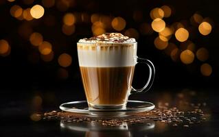 glass cup of latte with cinnamon and whipped cream on a plate, blurred sparkling dark and gold background with beautiful bokeh, coffee beans on the wooden table. AI Generative photo