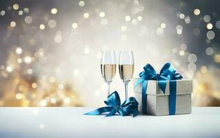 Christmas and new year background - gift boxes with blue ribbon bow tag and Champagne glasses on the background of bokeh garlands. Copy space. AI Generated photo