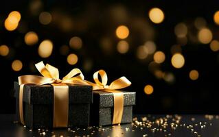 Black gift boxes with golden ribbon bow tag and golden confetti on blurred black background with orange lights. Copy space. New year. Birthday. Black friday discounts concept. AI Generated photo