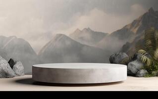 3d background product display podium scene with concrete cylinder stand concept. Green foggy forest with mountains background, beauty skincare technology products display, photo