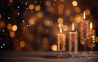 Romantic golden candle in candlesticks on wooden table with blurred sparkling bokeh background. Christmas lights. AI Generative photo