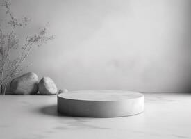 3d rendering empty mockup scene of concrete texture cube podium for template, gray wall with stones and branches, beauty spa product display, photo