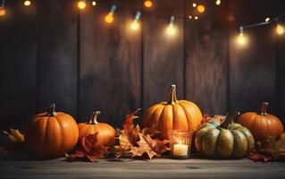Autumn pumpkin with candles, maple leaves, garland with light bulbs on dark bokeh lights blue background with copy space. Wooden table. Halloween concept. Happy Thanksgiving. photo