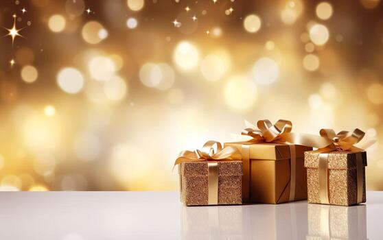 dorado regalo cajas con cinta arco etiqueta terminado borroso bokeh antecedentes con luces. Navidad decoración. parpadeo fiesta antecedentes. Copiar espacio. ai generativo foto