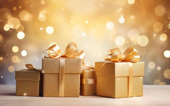 dorado regalo cajas con cinta arco etiqueta terminado borroso bokeh antecedentes con luces. Navidad decoración. parpadeo fiesta antecedentes. Copiar espacio. ai generativo foto