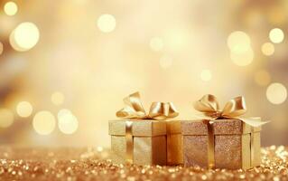 Golden gift boxes with ribbon bow tag over blurred bokeh background with lights. Christmas decor. Blinking Holiday Background. Copy space. AI Generative photo