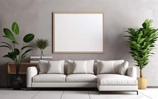 Living room with mockup frame on the beige wall, decorated with sofa and trees on the floor, beige minimalist design scene with books on a shelf and green branches in a vase, photo