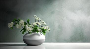 blanco cerámico florero con floreciente flores ramas en luz de sol desde ventana en pastel Esmeralda gris muro, sombra en blanco piso para decoración, lujo productos cosméticos, protección de la piel, belleza producto, ai generativo foto