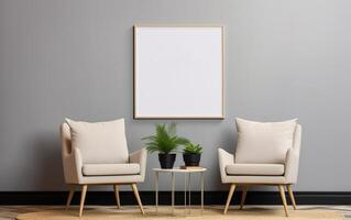 Empty frame on the Gray wall with copy space in the living room with a white 2 beige armchairs, green plants on the coffee table. AI Generative photo