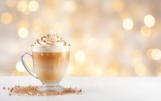 cup of latte with cinnamon and whipped cream, blurred, sparkling white background with beautiful bokeh, light orange gold, festive atmosphere, powder and glitter on the table. photo