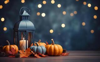 Blue lantern with burning candle on wooden floor decorated in autumnal style, pumpkins, maple leaves. Blurred bokeh lights. Concept of autumn. Copy space. photo