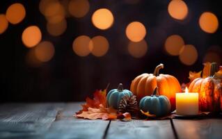 Autumn Still Life composition with pumpkins, candles, maple leaves and pine cone on dark bokeh lights blue background with copy space. Wooden table. Halloween concept. photo