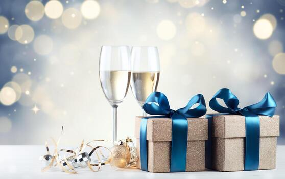 Navidad y nuevo año antecedentes - regalo cajas con azul cinta arco etiqueta y champán lentes en el antecedentes de bokeh guirnaldas Copiar espacio. ai generado foto