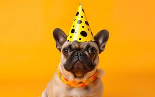 gracioso mascota celebrando, francés buldog en fiesta sombrero terminado amarillo antecedentes. ai generativo foto