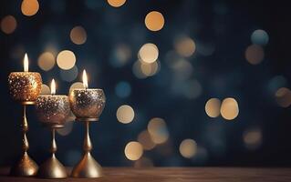 Close up of three golden  burning candles in vintage candlesticks on the wooden table. Copy space. Blurred Christmas light background. AI Generative photo