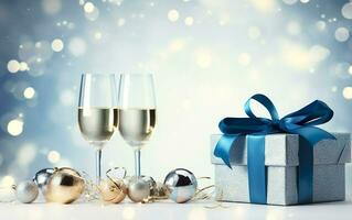 silver gift boxes with blue ribbon bow tag and Champagne glasses over blurred bokeh background with lights. Christmas decor. Copy space. AI Generated photo